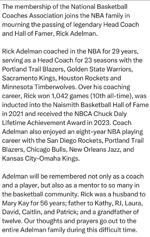 NBA教练协会官方：里克·阿德尔曼逝世，享年80岁。🙏🏾里克·阿德尔曼在