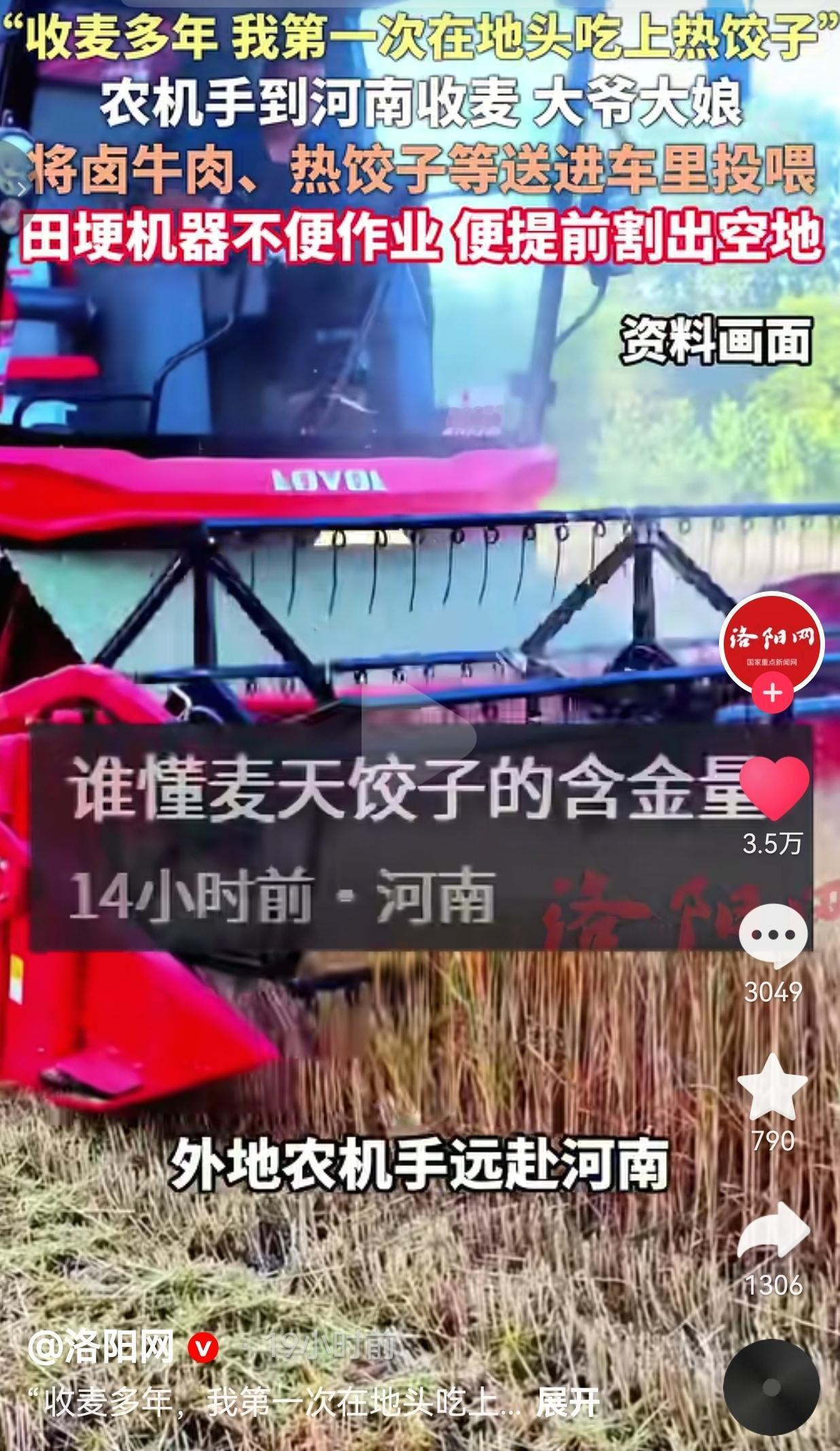 跑遍全国收麦十几年，农机师傅在河南地头吃上热饺子，当场红了眼眶常年在外跨区