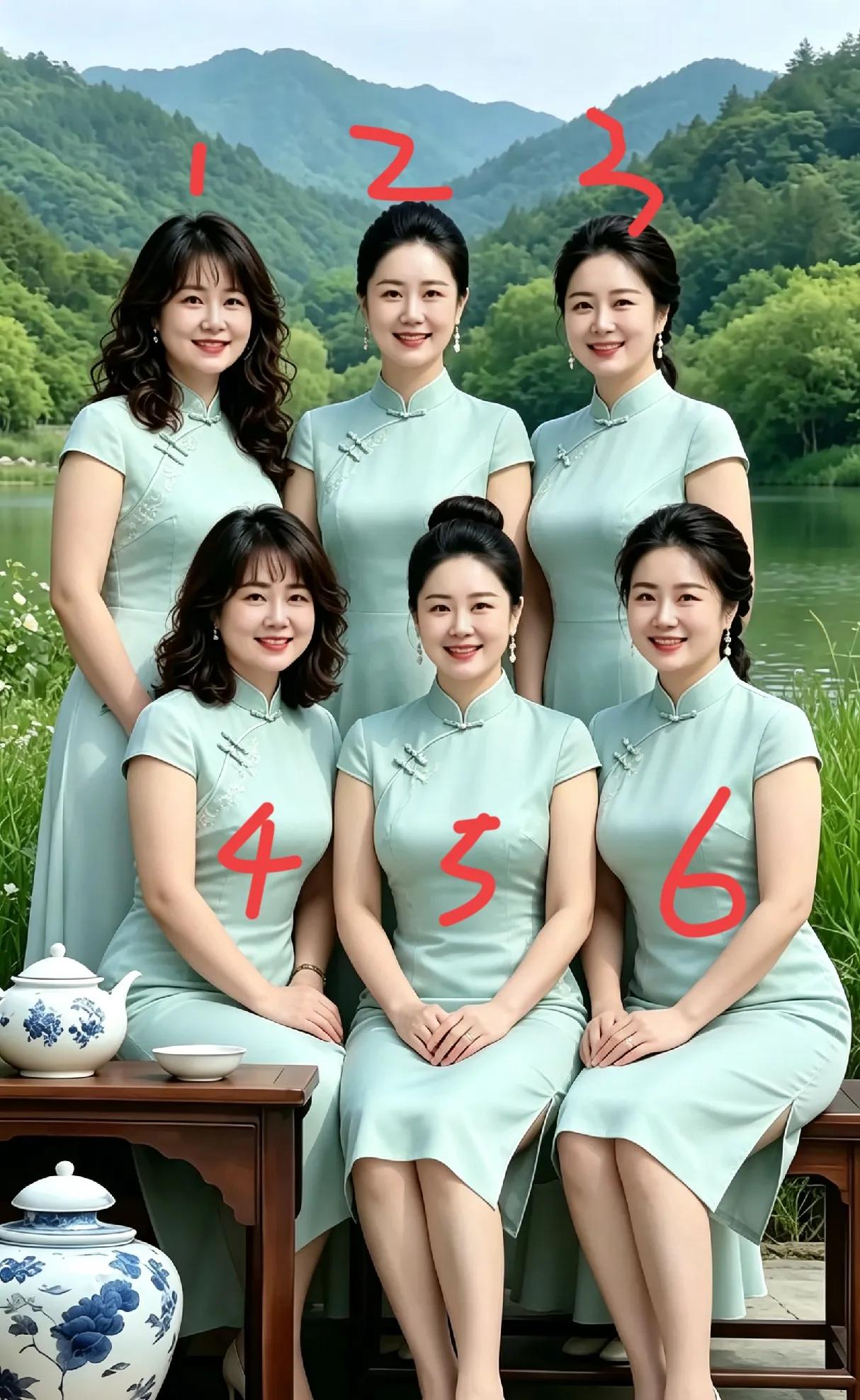 这六位姑娘，身后站着的三位彩礼是二十万，坐着的三位彩礼是十五万，照着你们家的标准