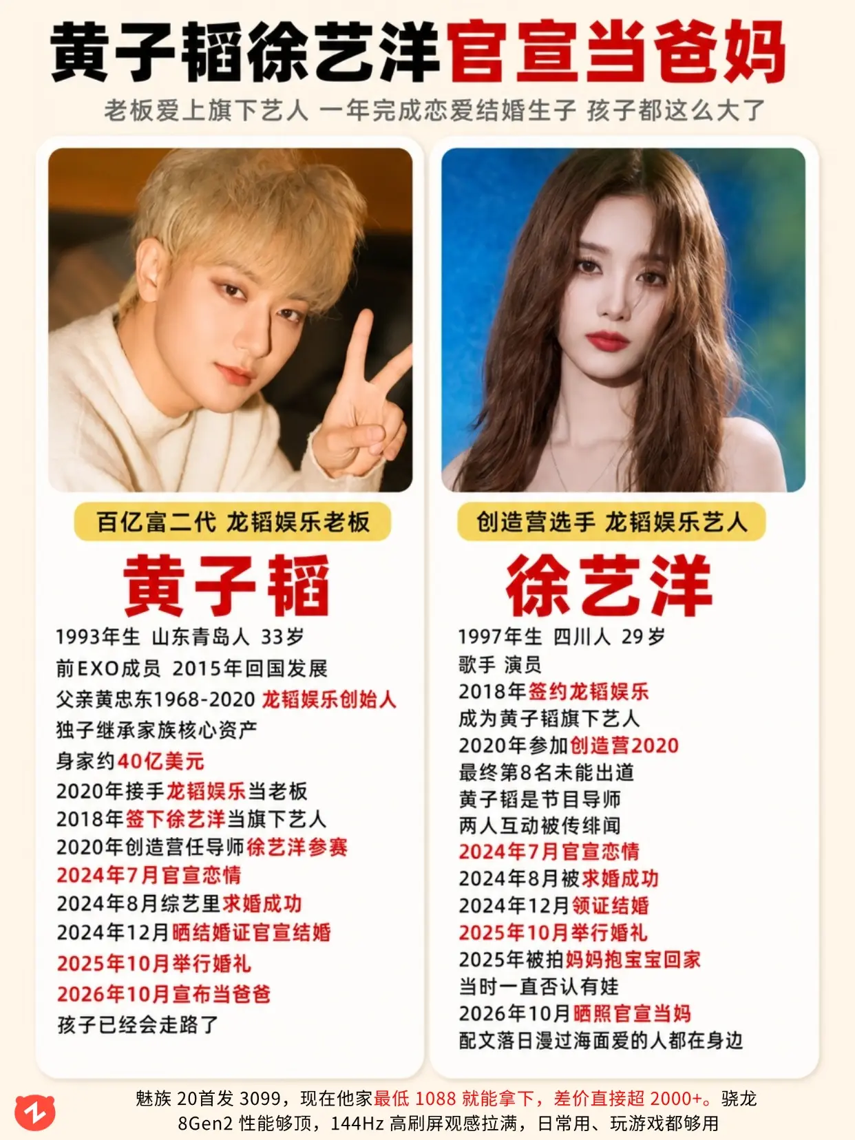 黄子韬徐艺洋官宣当爸妈！祝福他们🔥。
