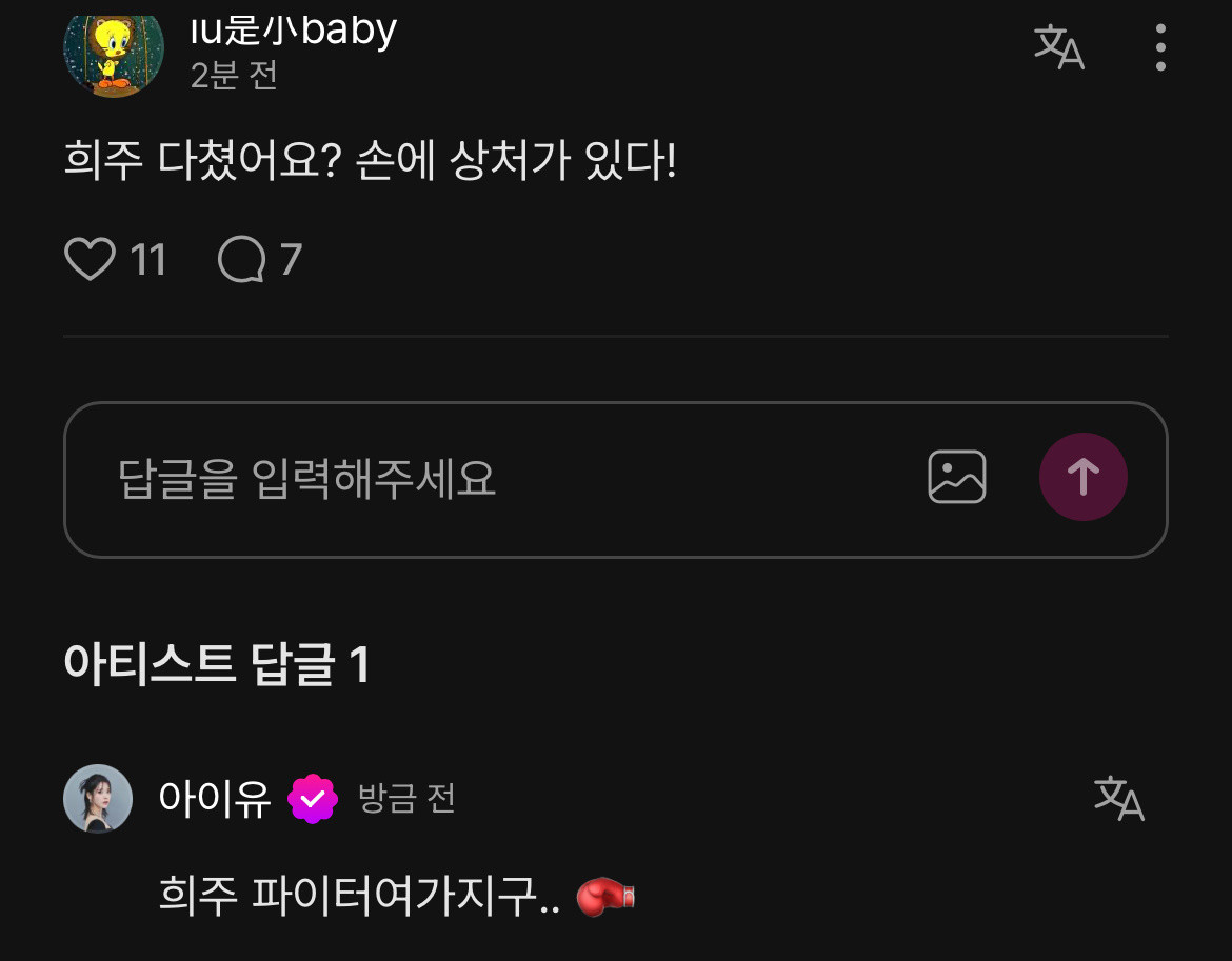 爱娜：熙珠受伤了吗？手上有伤!IU：熙珠是斗士..🥊爱娜：姐姐圣诞快乐！！