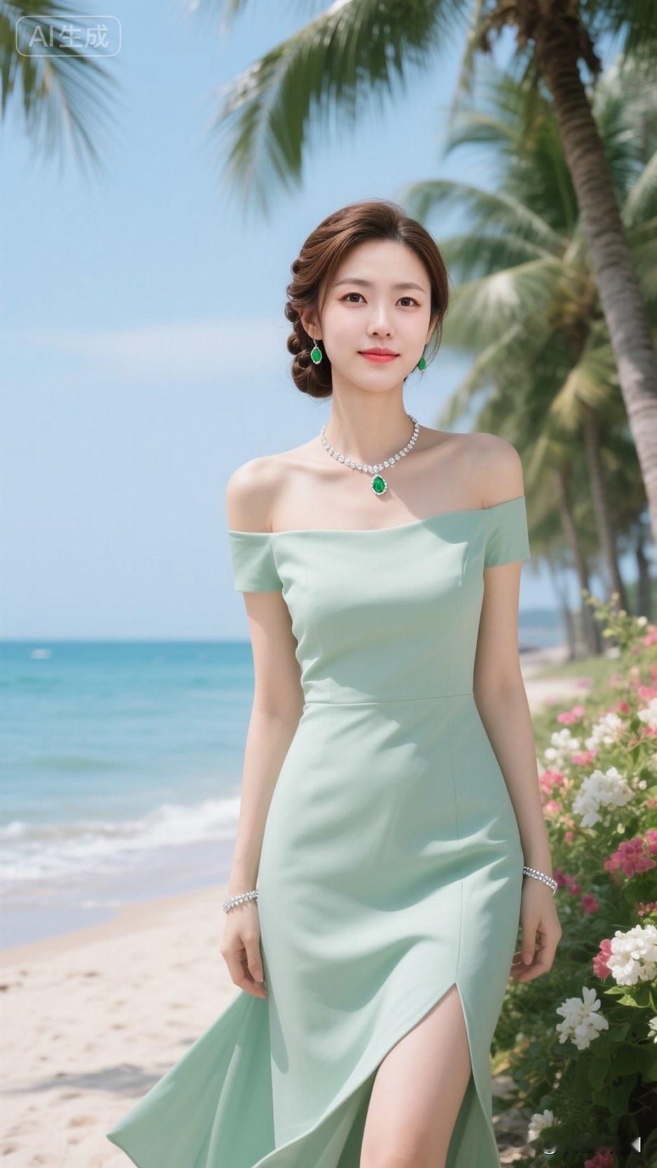 夏日海滩穿搭指南🌊✨清新薄荷绿连衣裙，搭配珍珠项链和耳环，尽显优雅与自然之美