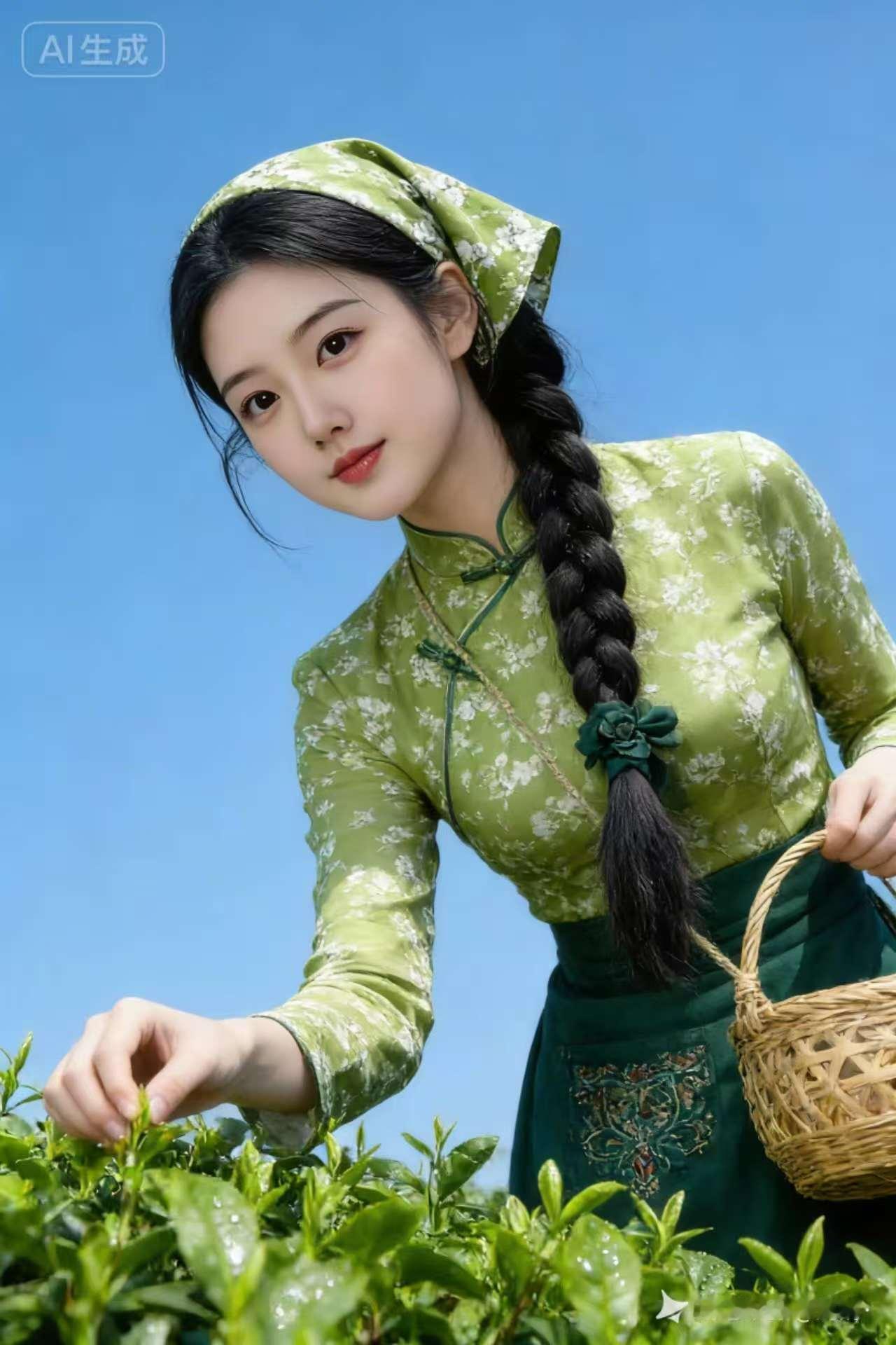 “采茶少女，绿意盎然，春日时光”🌿💚🌸