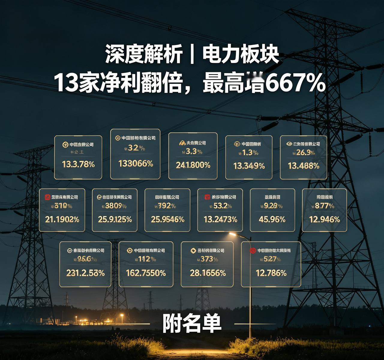 深度解析｜电力板块13家净利翻倍，最高增667%，谁是真龙头（附名单）提示