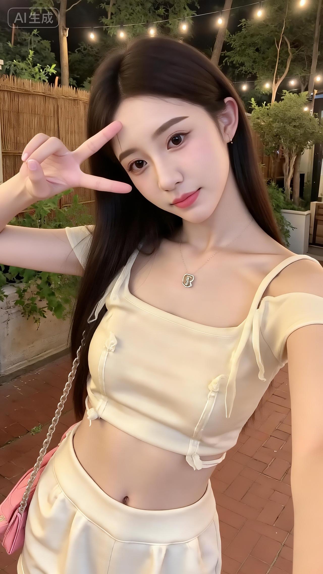 夜巷里的新中式甜美好戳露肩短款上衣缀着盘扣，配同色系短裤，粉包包一搭，甜里