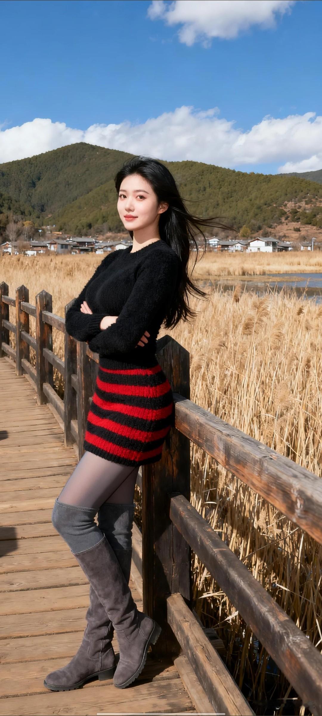 桥上美人倚栏杆，风景如画入诗行。