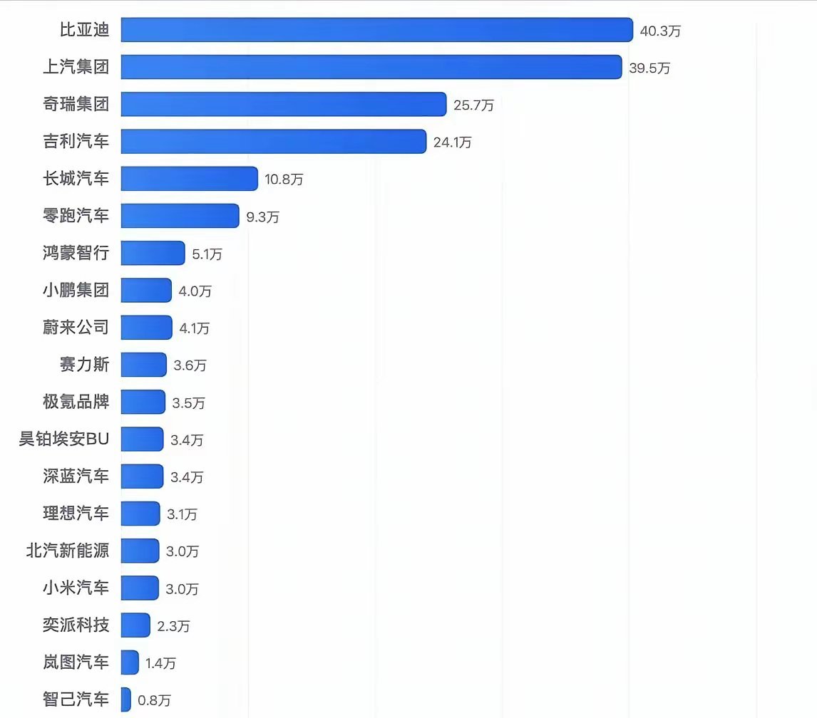 比亚迪销量遥遥领先，奇瑞和吉利实力相当，零跑和长城也不相上下。咱们就再等等看。
