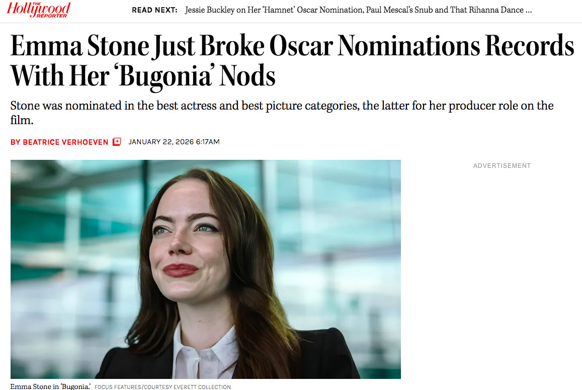 TNABO37岁的演员兼制片人艾玛·斯通，凭借新片《拯救地球》成为学院历史上最