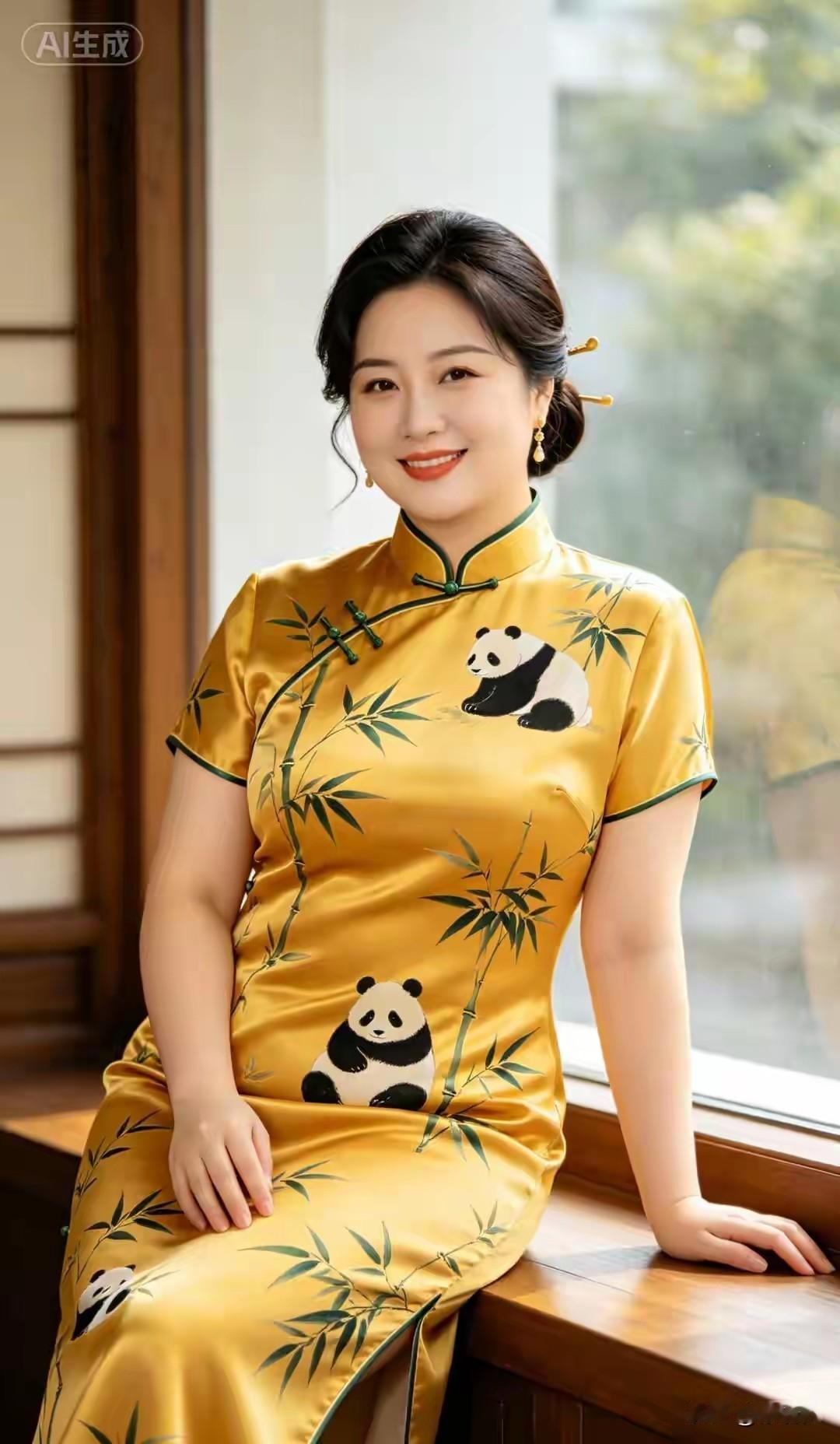 金色旗袍，国宝熊猫。国风古韵，文化传承。推陈出新，多元焕彩。身着旗袍，尽显