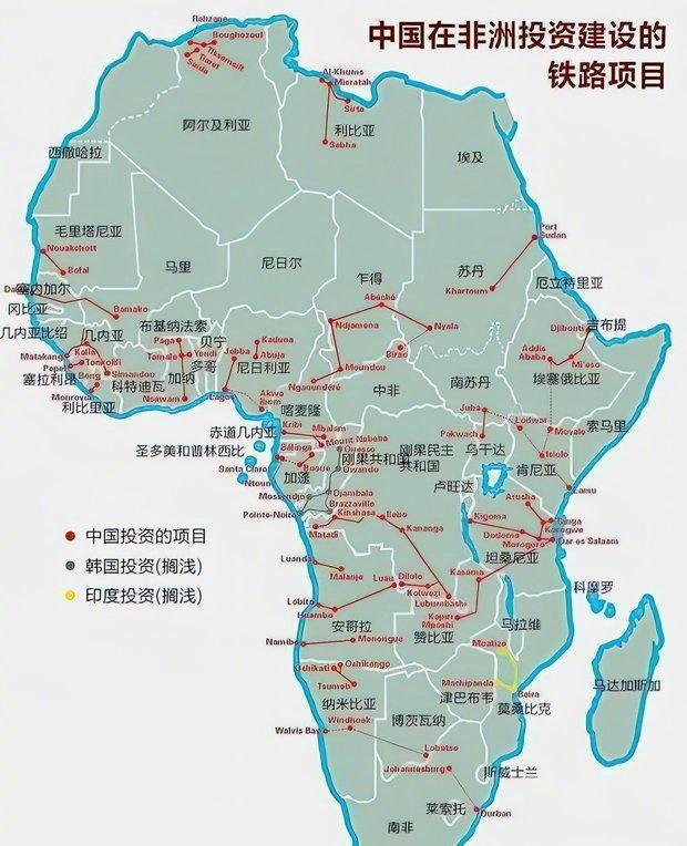 非洲正在进行的铁路项目地图。红色代表中国。灰色是韩国的。黄色是印度。红的