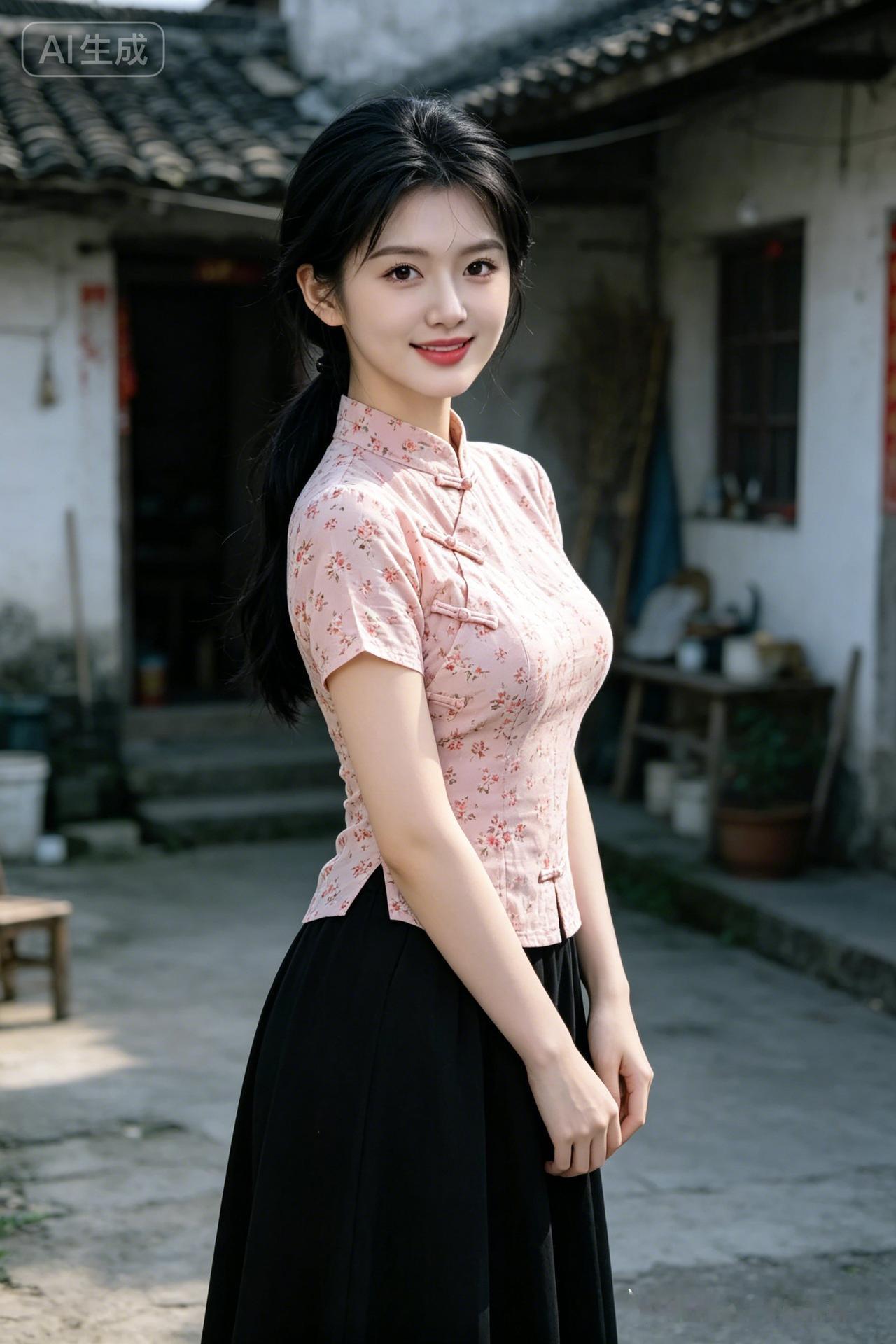 江南少女立于农家小院，浅粉碎花上衣配黑长裙，眉眼灵动笑意清甜。电影级侧光勾勒优越