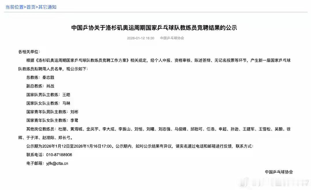 中国乒协公示教练组名单中国乒协公示教练组名单！拟聘秦志戬总教练肖战副总教练此次中