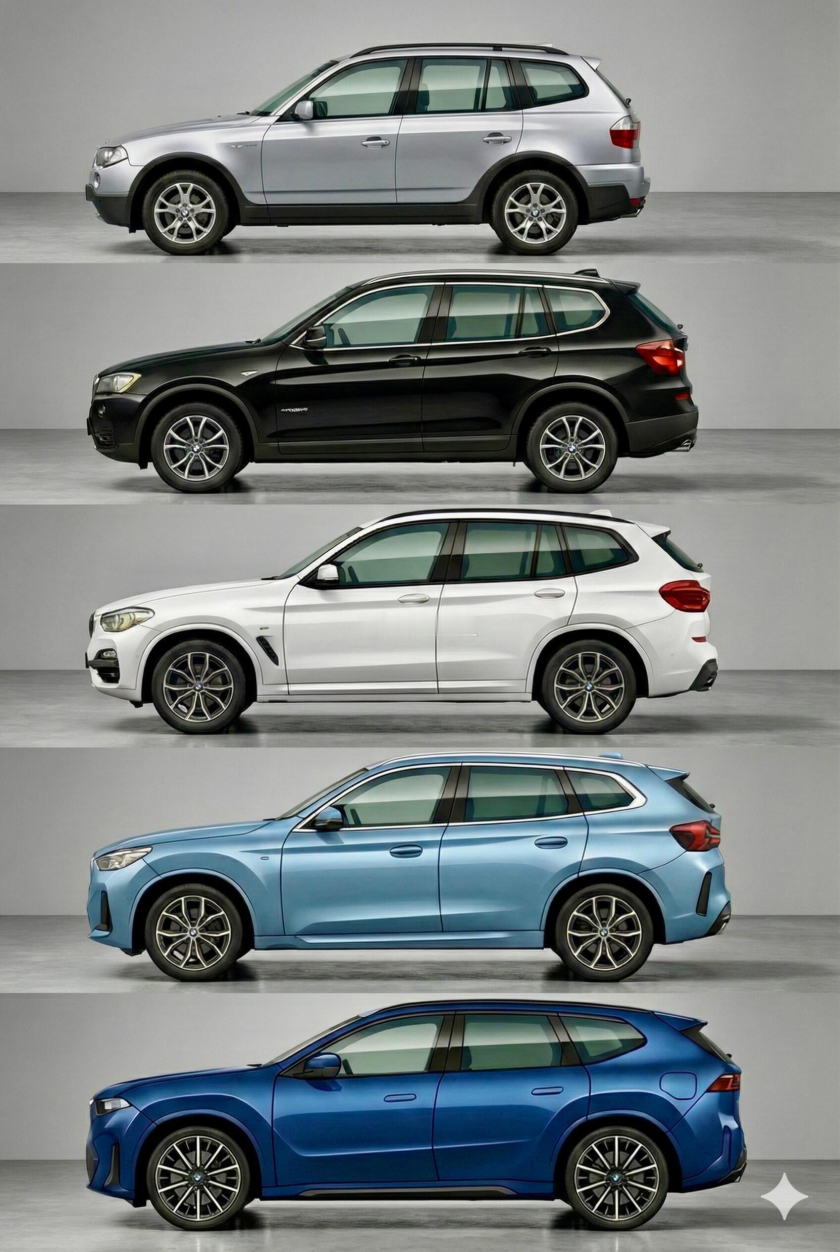 四代宝马X3对比明显看出尺寸增长设计演化，2003年宝马推出X3时，那时还是