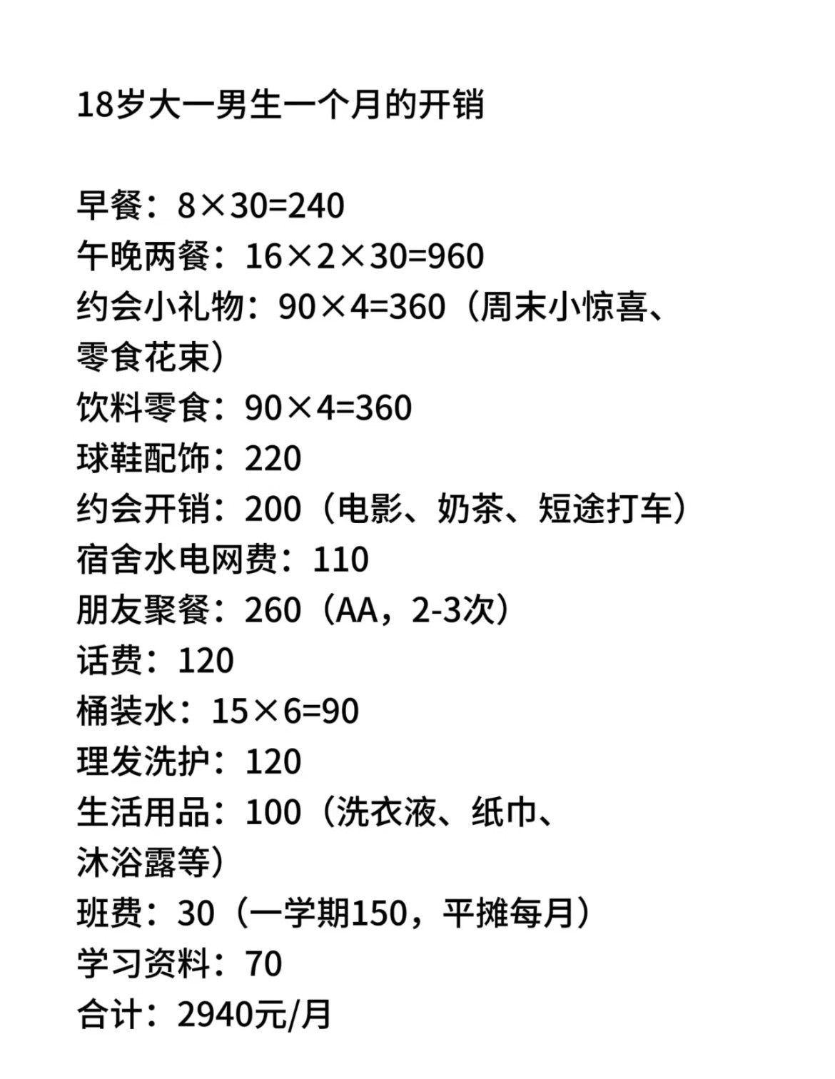 大一男生一个月的开销​​​