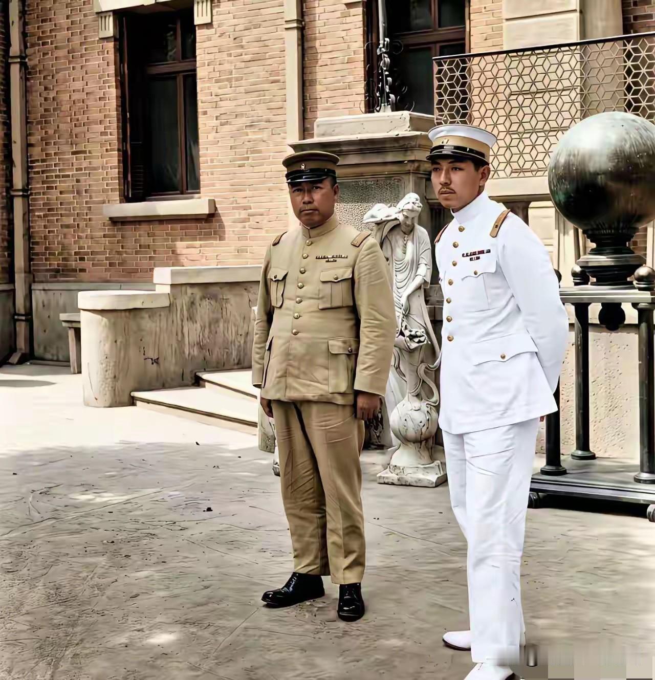 这是少帅张学良与奉军总参议杨宇𩃀的最后一张合影。此时张作霖被炸身亡，张学良接管