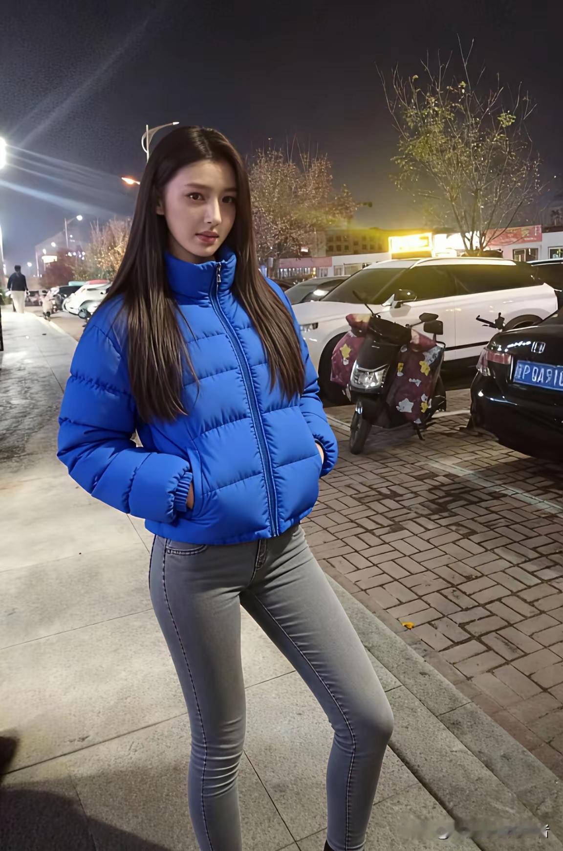 冬日夜晚，蓝色羽绒服搭配灰色紧身裤，温暖又时尚。