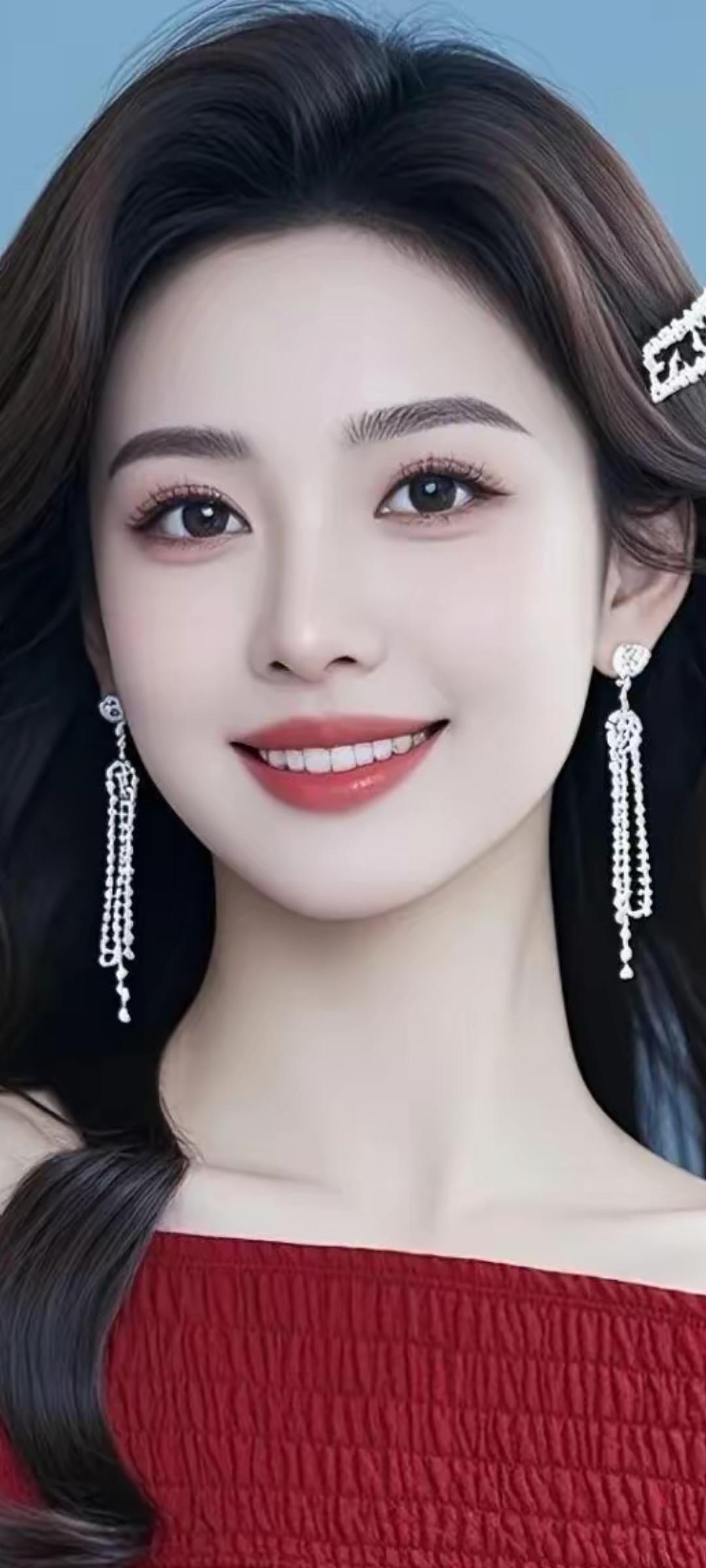 优雅红裙，闪耀耳饰，甜美笑容，气质满分！