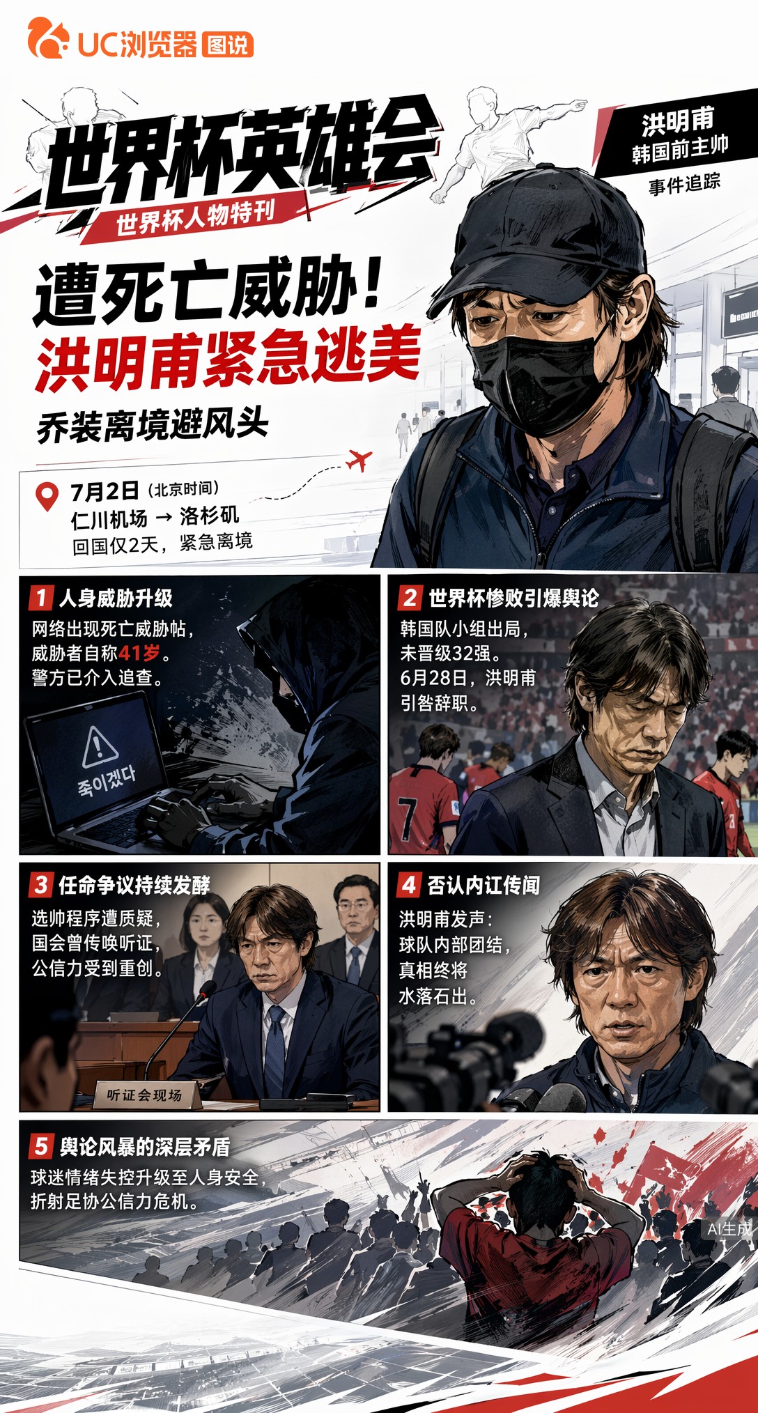 遭死亡威胁！韩国前主帅洪明甫戴口罩紧急逃美