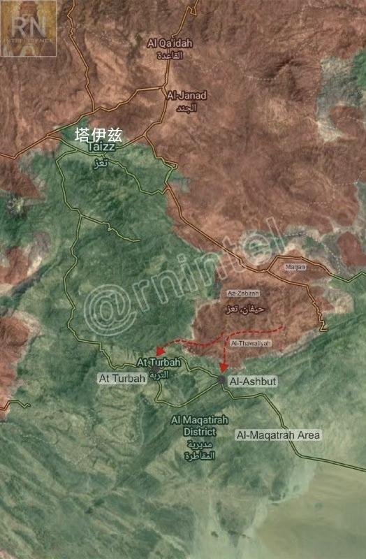 这张塔伊兹方向比例尺较大的地图显示，胡塞武装的钳形攻势在不断从东西两翼压缩包围圈