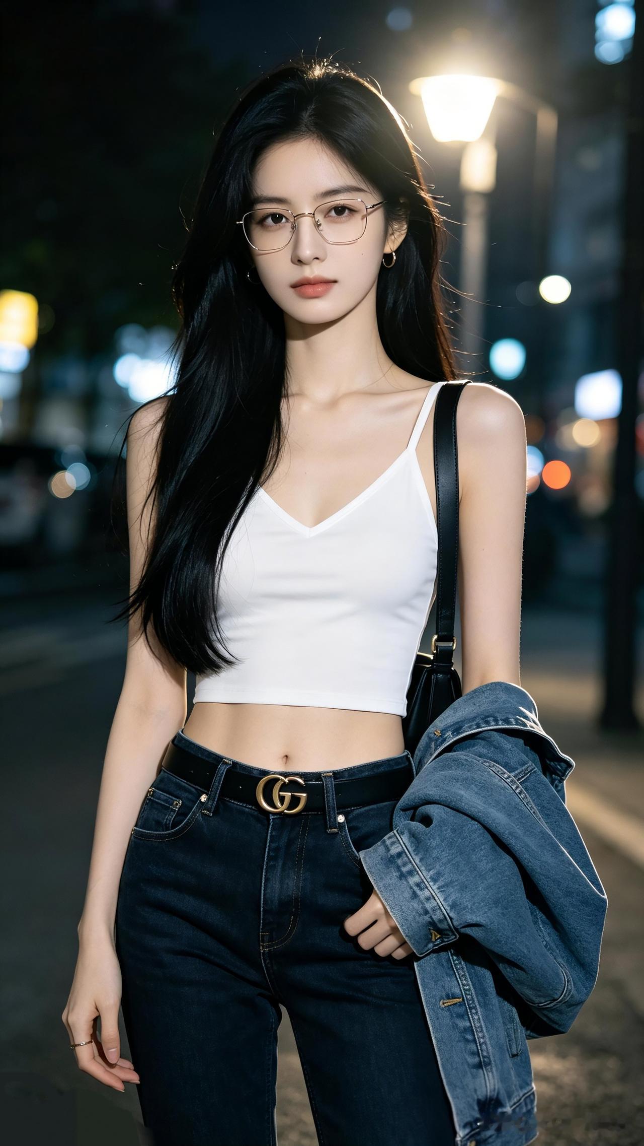 夜晚街拍，时尚少女穿搭，Gucci腰带点缀，牛仔外套随性搭配。