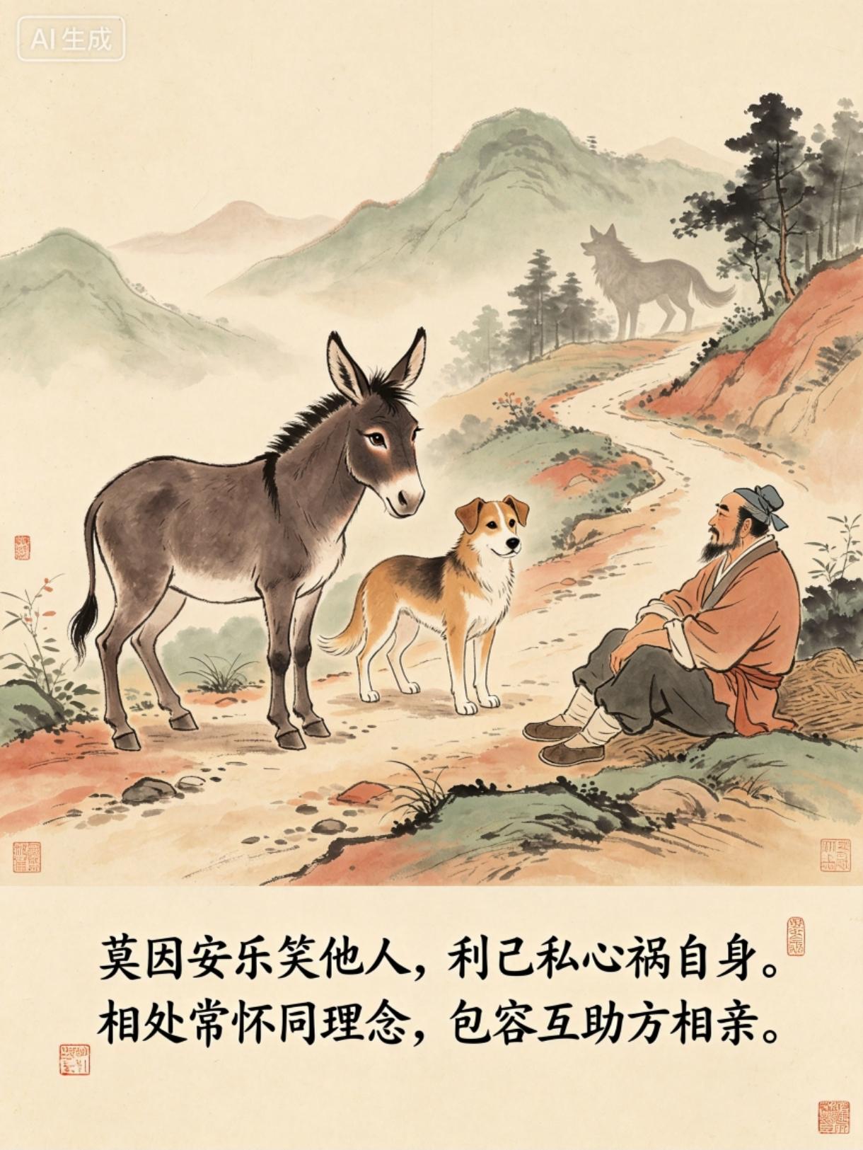 小故事驴子和狗牵驴一农夫，带狗去城里，打谱卖山货，起早走的急，中途