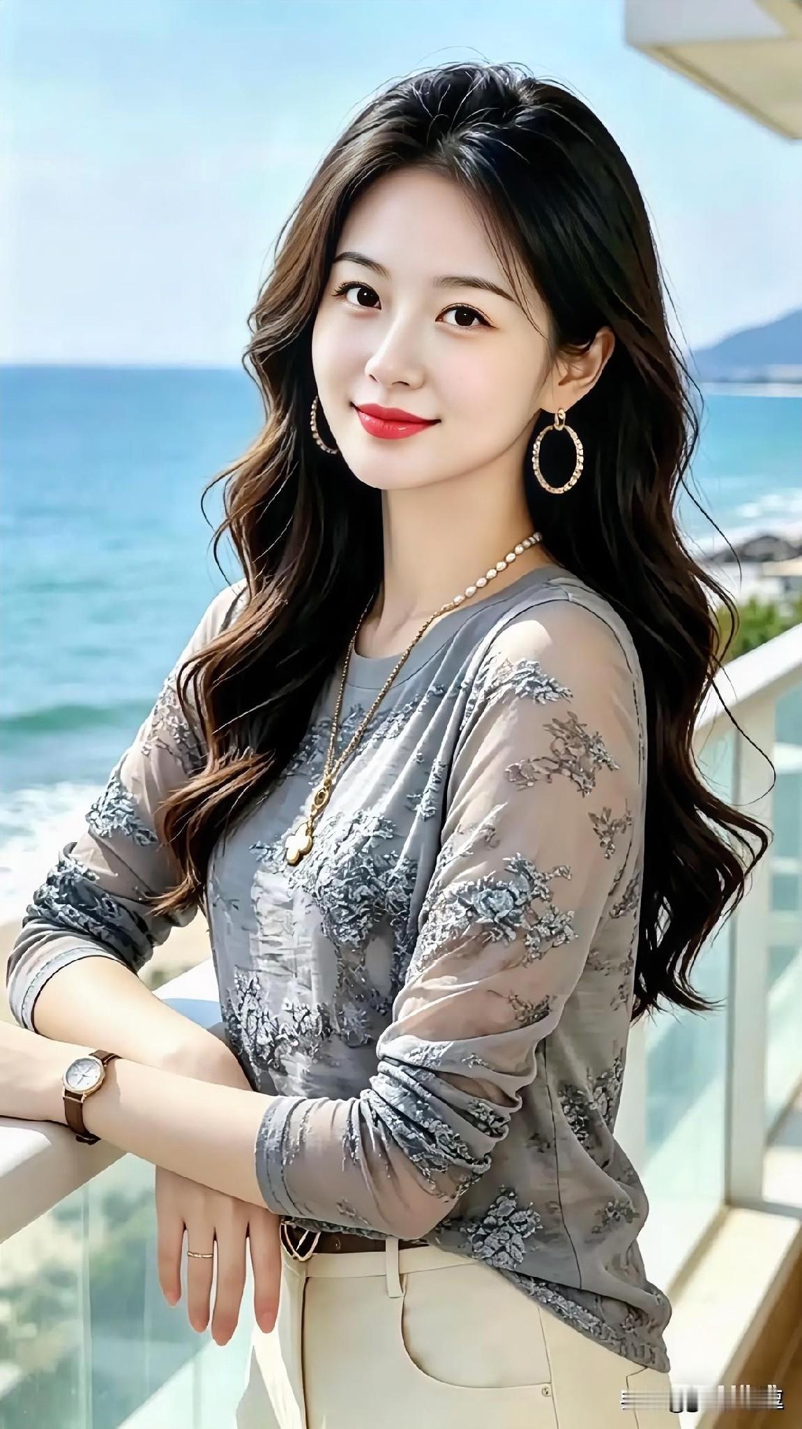 这位美女靠在阳台上，看着大海。海边温柔女神