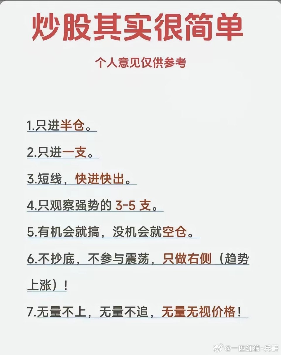 炒股七条短线心得这套短线实操思路实用性很强，核心是控风险、抓强势。仓位严格半仓，