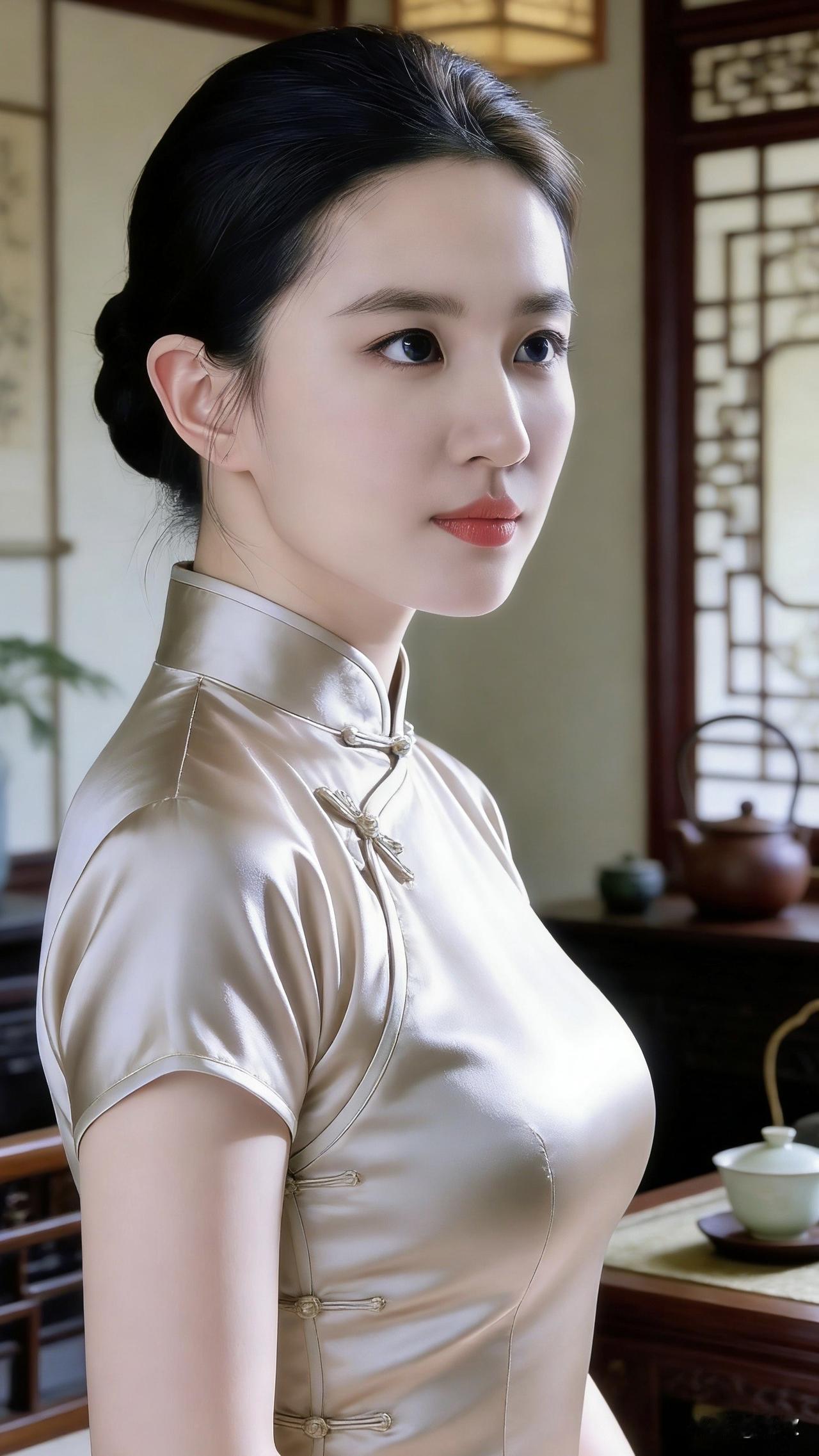 香槟色旗袍的绸缎泛着柔和的珠光，同色系盘扣像精巧的绳结，顺着侧襟错落排布。她静立