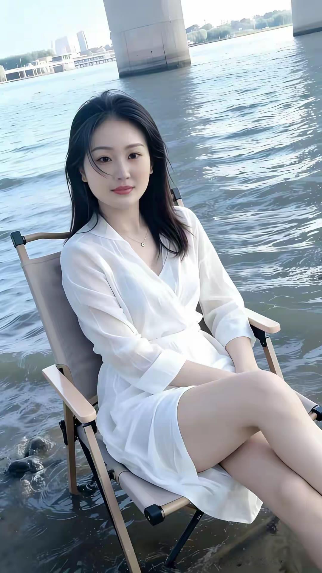 在江边享受宁静时光，白色连衣裙与自然景色完美融合。时尚穿搭大长腿漂亮小姐姐