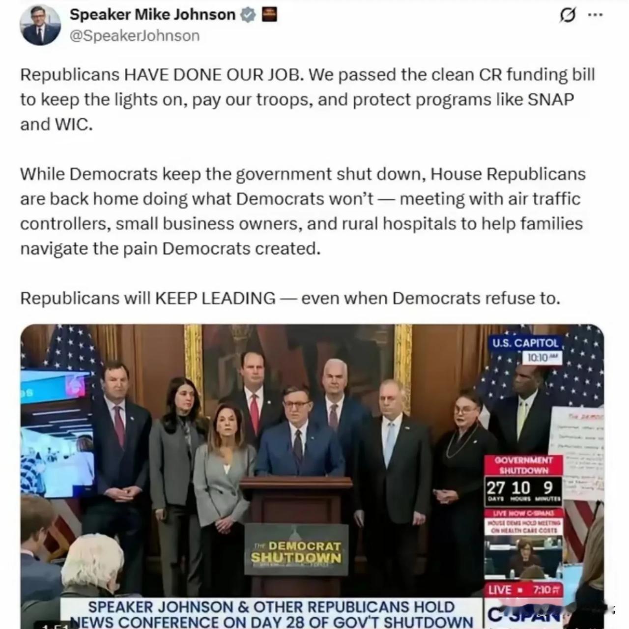 美国众议院议长迈克·约翰逊:共和党人完成了我们的工作。我们通过了清洁CR拨款法案