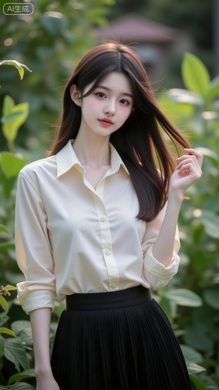 浅夏林间，素衫黑裙太戳审美米白衬衫衬得气质清透，黑百褶裙添了几分柔，风撩起