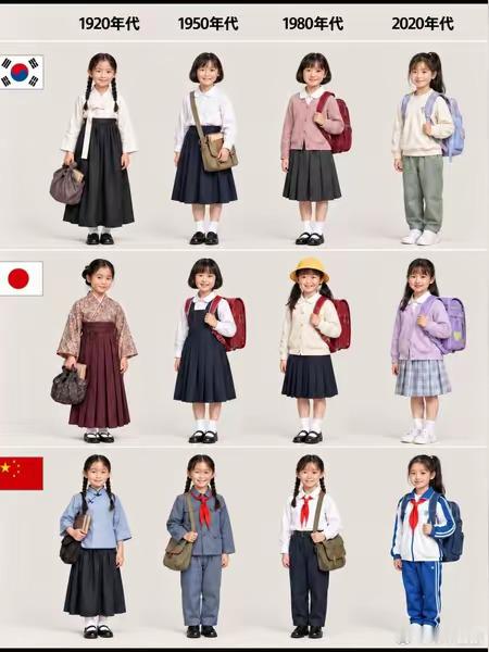 一位韩国网友制作的1920年代到2020年代中日韩小女孩着装的变化。明显中国的小