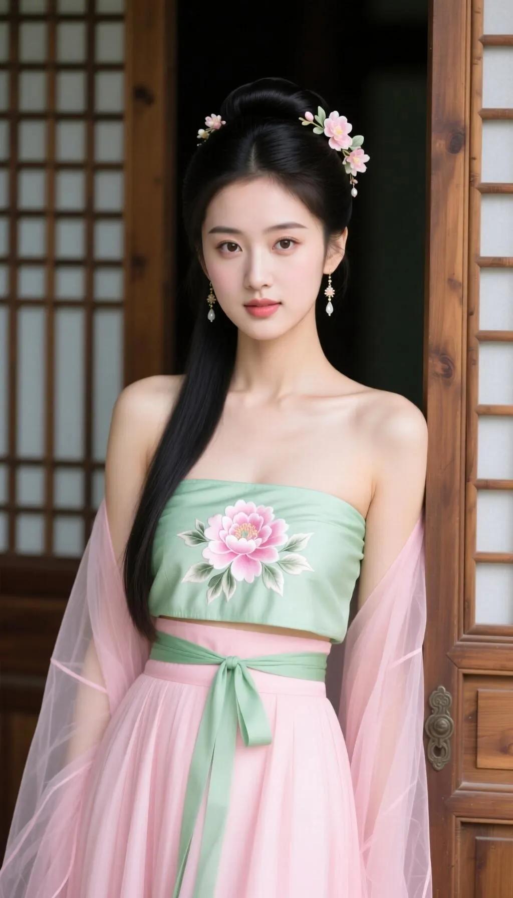 古风少女，花间仙子，粉嫩荷衣，木门背景，清新自然。