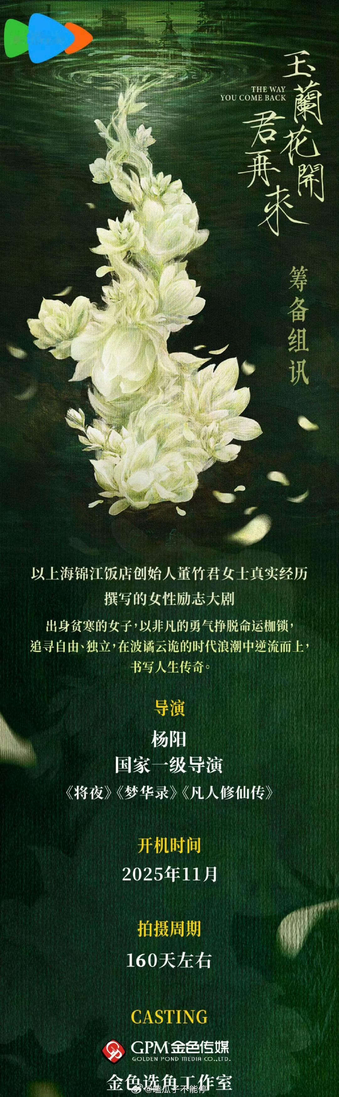 杨紫《玉兰花开君再来》组讯更新，11月开机，拍摄周期160天。​​​