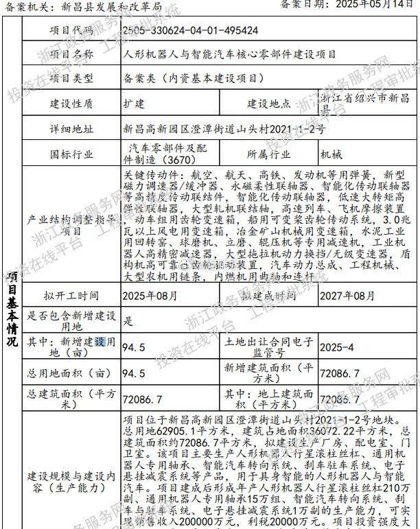 绍兴将打造“人形机器人”产业链生产基地。从相关内容看，应该是给新昌“万丰系”量身