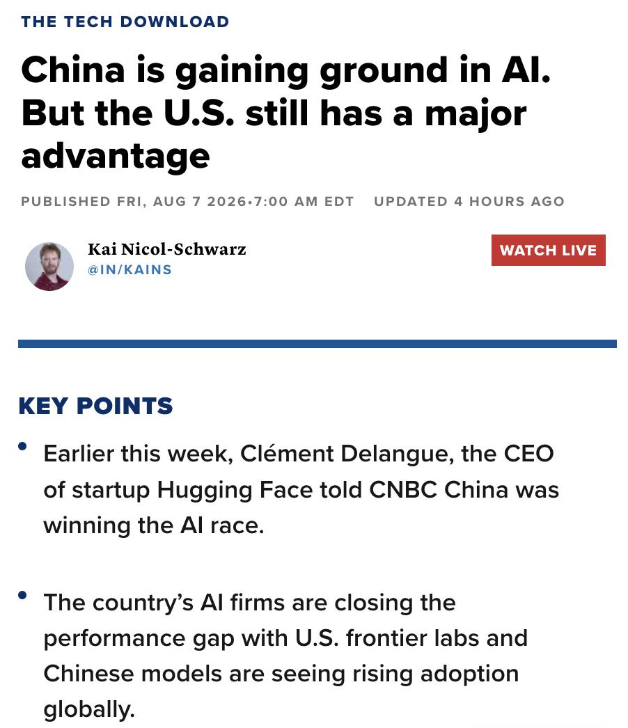 外媒：HuggingFaceCEO近期称中国正在赢得AI竞赛，因其开源模型已