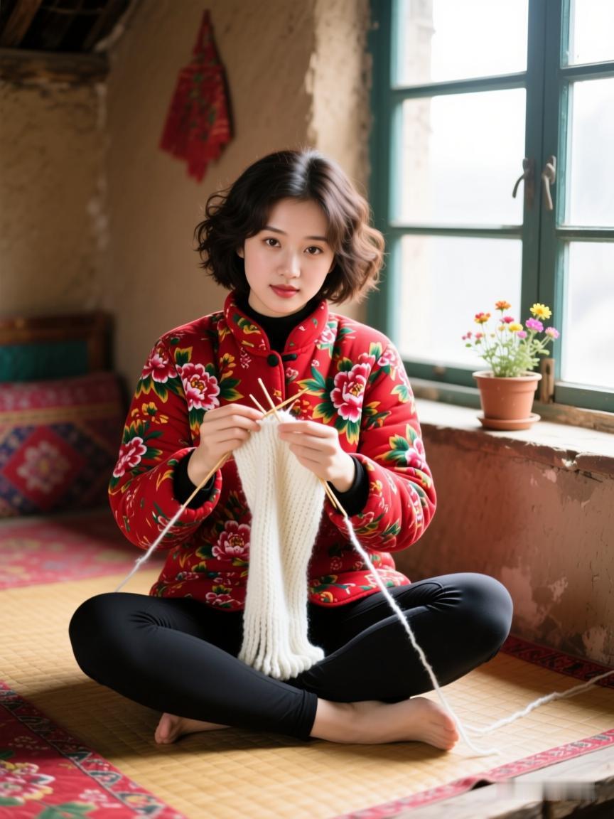 会织围巾的女孩