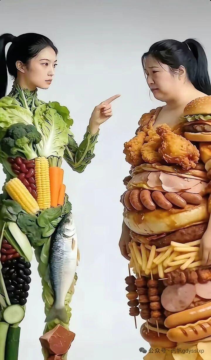蔬菜姐vs炸鸡妹：一场餐桌界的巅峰对决左边蔬菜姐一身“绿装”，清清爽爽，