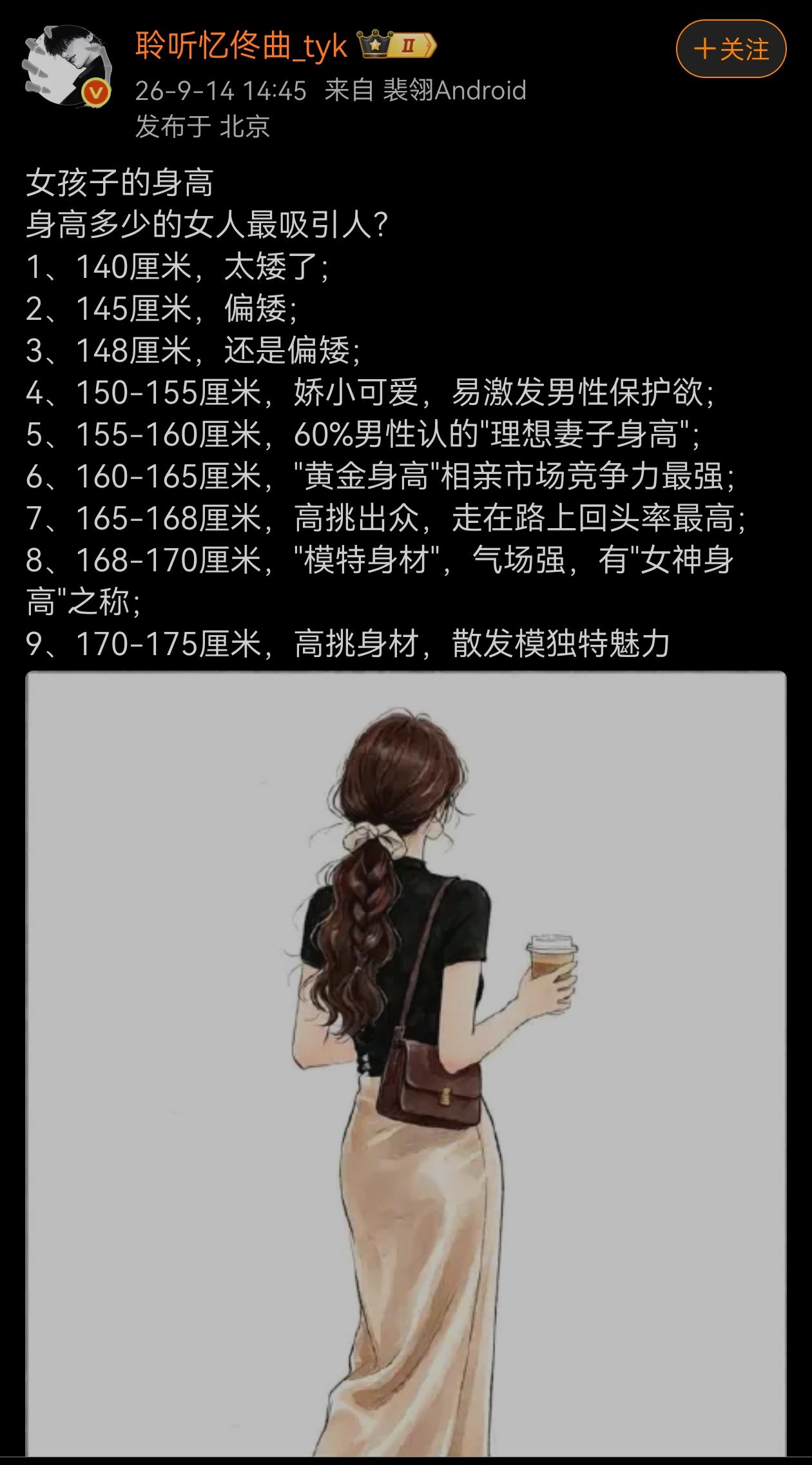 女孩身高，窃以为165是最理想身高。当然，身高多少，最主要还是要看和谁搭配。