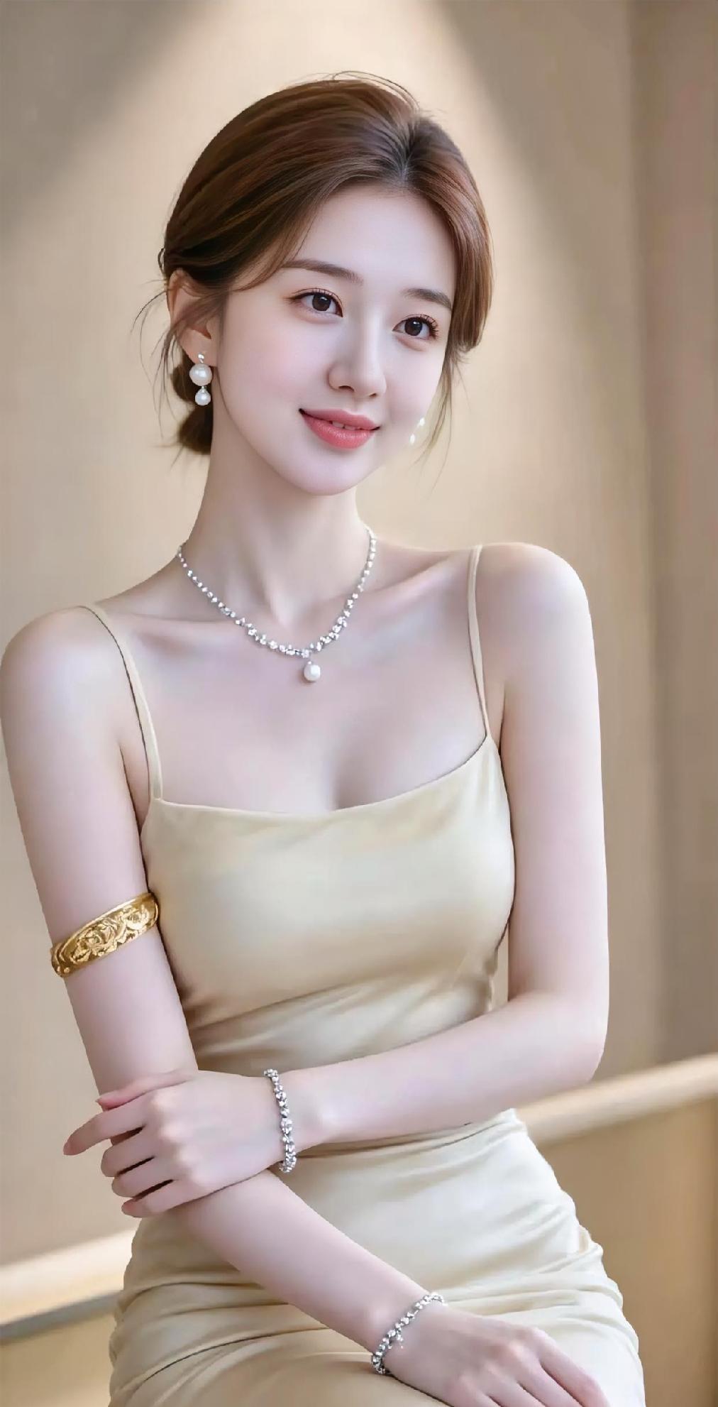 暖光轻轻落，你坐在柔柔的时光里。珍珠绕颈间，金臂钏映着笑意。浅杏