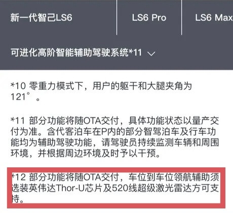 新智己LS6车位到车位的辅助驾驶须选装Thor-U芯片及520线激光雷达才能支持