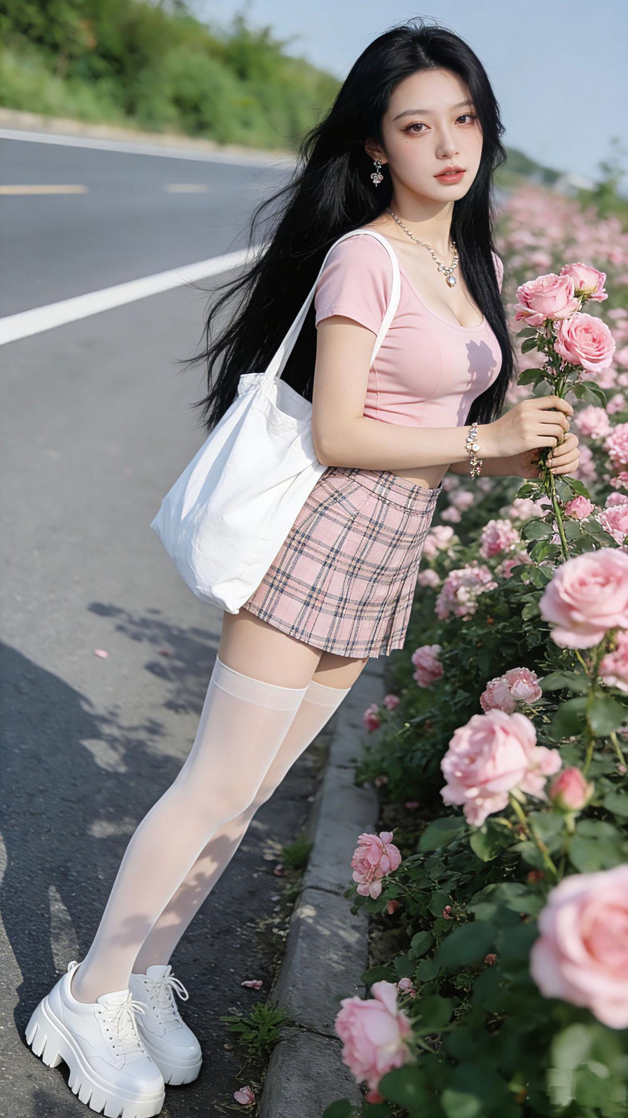 紧身粉T衬得线条刚好，格纹裙自带复古甜感蹲在花墙旁随手拍，连风都是甜的~是你的