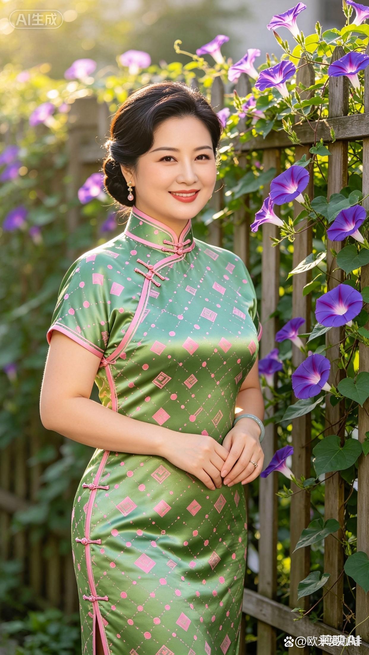 上周在平江路试了件改良款碎花茶歇旗袍，长度刚好到小腿肚最细的位置，盘扣是淡玉色的