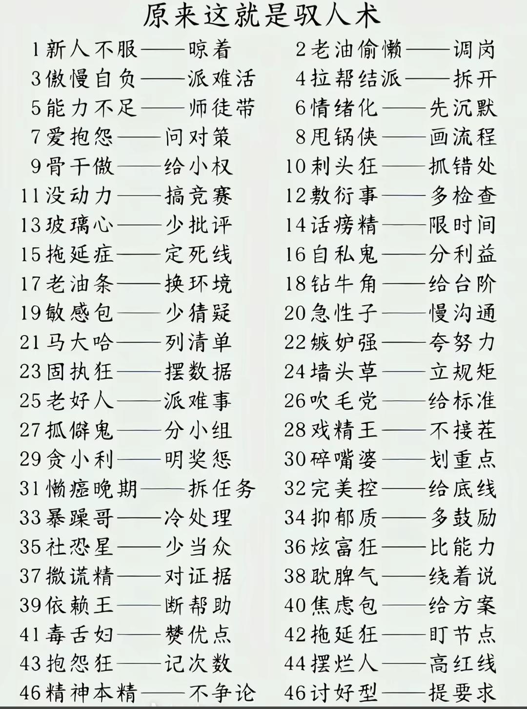 一张“驭人术”清单在社交平台刷屏，从“新人不服晾着”到“老油子调岗”，从“傲慢自