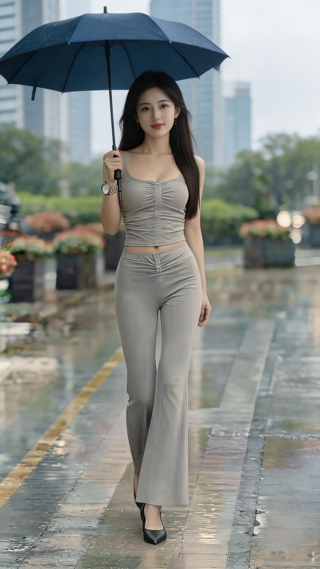 下雨天，美女撑伞走路。
