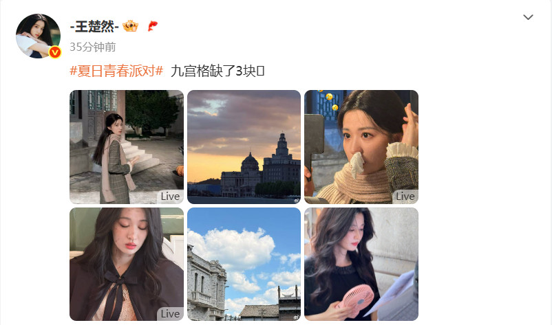 王楚然晒六宫格11日，在微博晒出六张营业照片，并幽默配文“九宫格缺了3块”，片