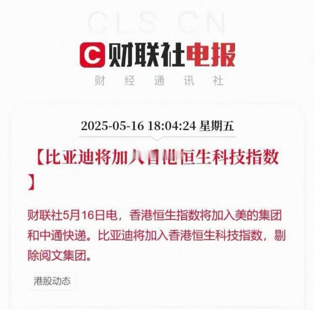 比亚迪以最大权重加入香港恒生科技指数​​​