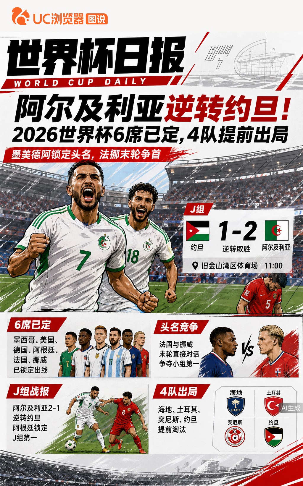 阿尔及利亚逆转约旦！2026世界杯6席已定，4队提前出局