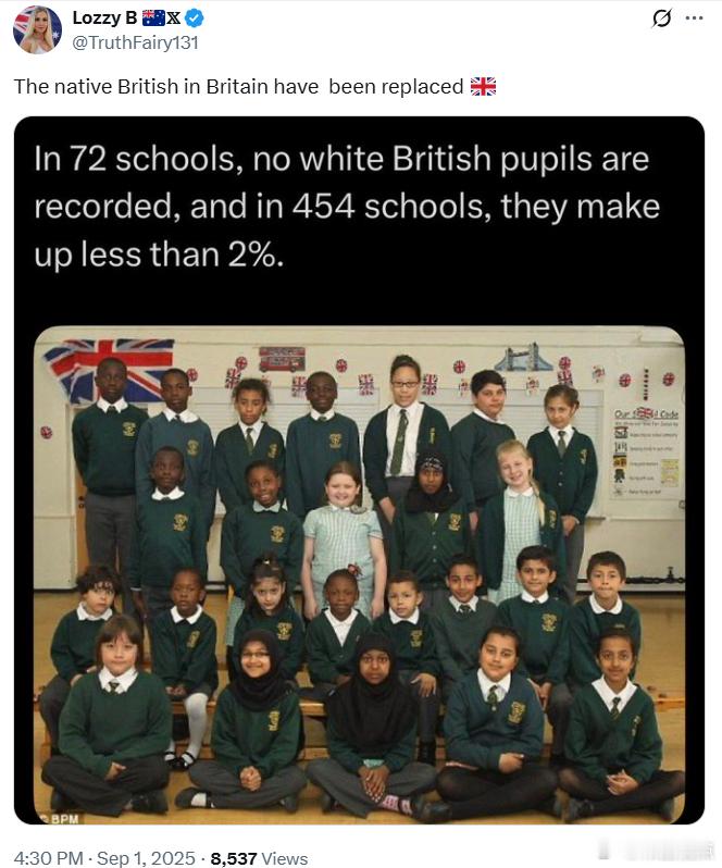 英国本土的英国人已经被取代在72所学校中，没有记录白人英国学生的存在，在454所