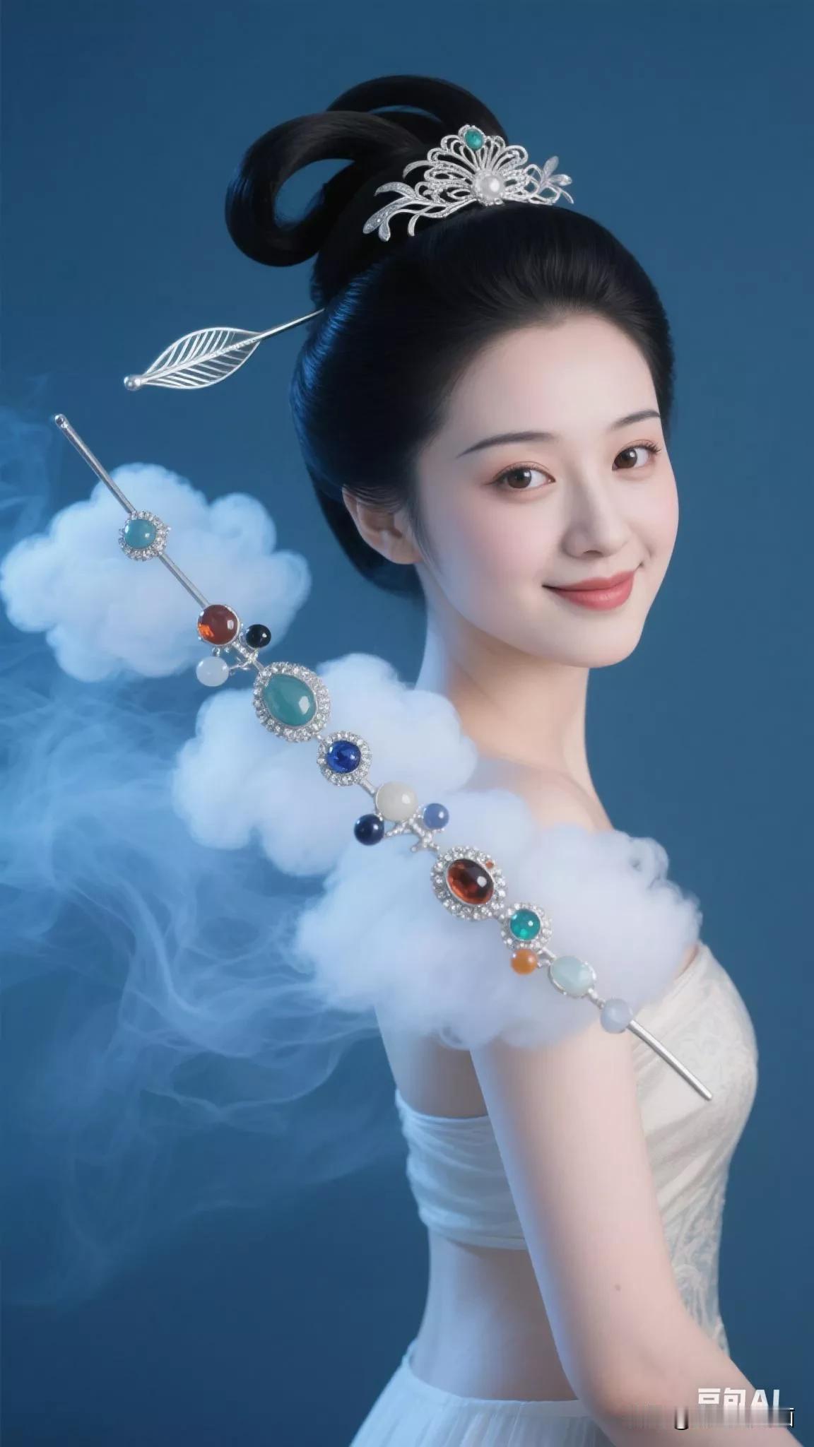 云鬓花簪间，笑语如仙。张立启原创书画AI作品古仕女发髻集锦第275期。宛若仙音如